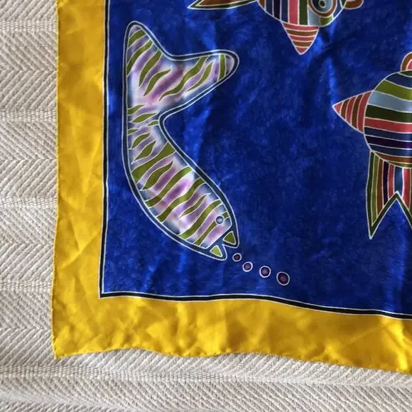 Rainbow Fish Silk Scarf Batik Rolled Edge Poncet Yellow Blue Red Green 31.5" NEW - Picture 7 of 11